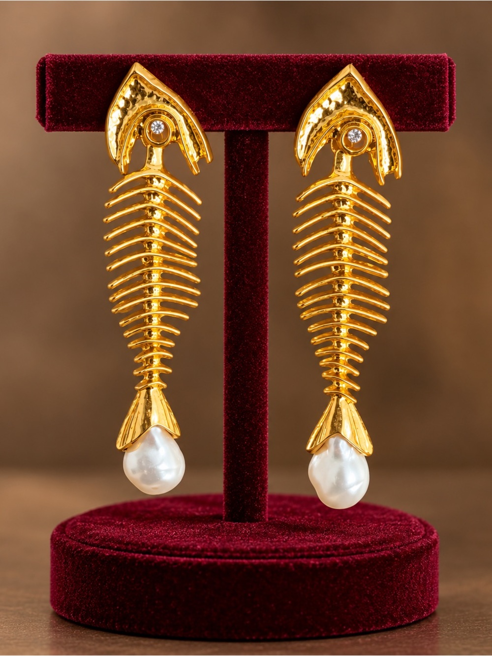 Gold Fishbone Drop Earrings with Pearl Accent
